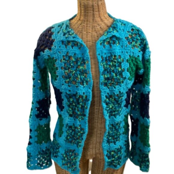 Crochet Cardigan Sweater Granny Square Turquoise Blue Green Medium - Large